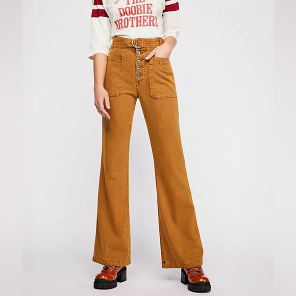 Free People Denim - Free people Corin mod slim flare pants  brown/camel button fly belted  size 8